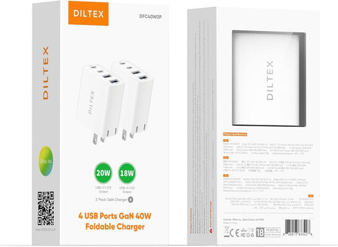 DILTEX 4USB 40W 2 Pack Ports Gan Foldable Charger - Compact USB-C & USB-A Fast Charger with Smart Power Output for Safe