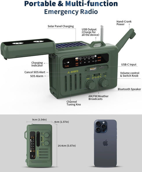 Emergency Weather Radio, 8000mAh Hand Crank Radio, Solar AM/FM/NOAA Portable Radio with Bluetooth Speaker