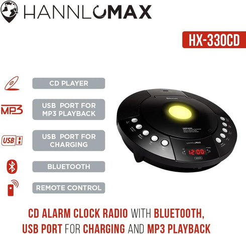 HANNLOMAX HX-330CD CD Player with FM Radio, Bluetooth, Alarm Clock, USB Port, and Remote Control (Black).