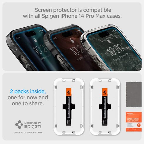 Spigen GlasTR EZ FIT Tempered Glass Screen Protector for iPhone 14 Pro Max - Case Friendly, Sensor Protection, 2 Pack