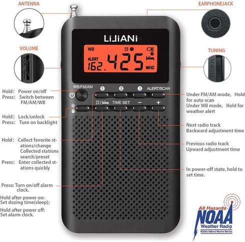 NOAA Weather AM FM Radio, Portable Battery Operated with Stereo Earphone, LCD Display Digital Alarm Clock