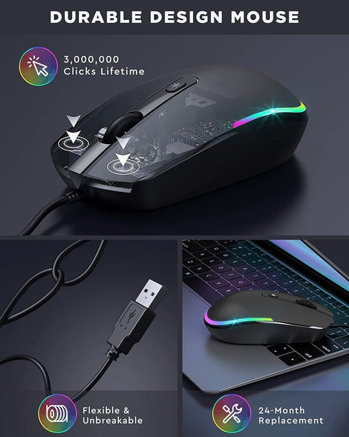 seenda Wired Mouse, USB Computer Mouse with RGB Backlit Optical LED, Attached USB Cord for Laptops, Black