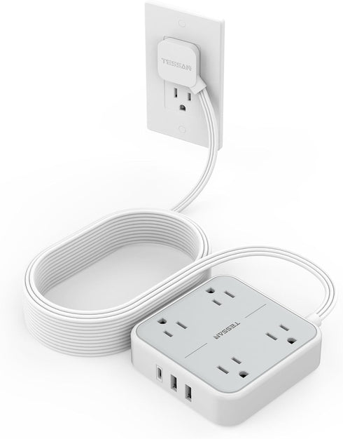 TESSAN Long Flat Extension Cord 15 ft with Surge Protector - Power Strip with 4 Outlets & 3 USB Ports (1 USB C)