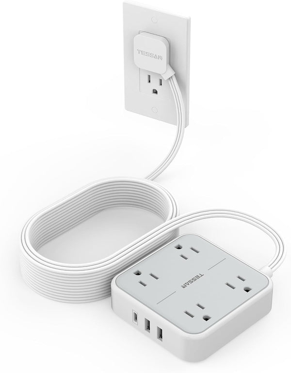 TESSAN Long Flat Extension Cord 15 ft with Surge Protector - Power Strip with 4 Outlets & 3 USB Ports (1 USB C)