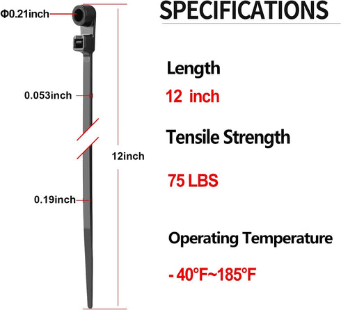 MasiStranth 200 12 inch 75lbs PCS Black Zip Ties with Screw Hole Mountable head Cable Ties Straps Multipurpose Heavy