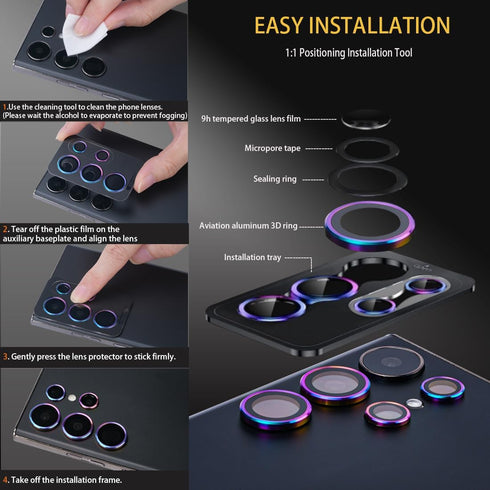Samsung Galaxy S24 Ultra Camera Lens Protector, Glitter Silver Tempered Glass Aluminum Alloy Ring Cover with Tools