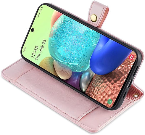 Asuwish Phone Case for Samsung Galaxy A71 5G, Zipper Leather Wallet Cover with Kickstand and Credit Card Holder - Rose