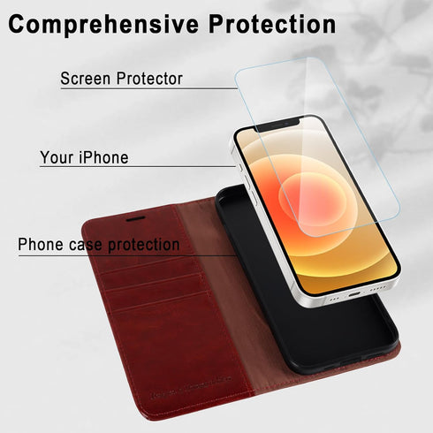 MONASAY Wallet Case for iPhone 12 mini 5G, Flip Folio Leather Cover with Credit Card Holder, Glass Screen Protector