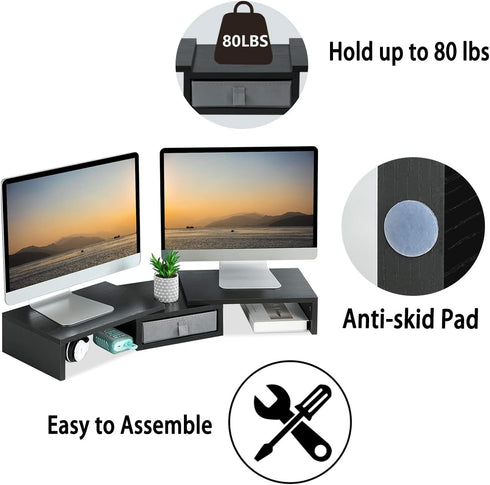 TEAMIX Dual Monitor Stand Riser with Drawer, Adjustable Length and Angle, 37 inch Long Monitor Riser for 2 Monitors