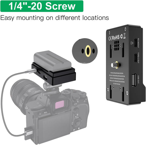 NP-F Battery Adapter Plate with LED Low Battery Indicator, 1/4'' Screw Mount for NP-F 550V, 750V, 970V