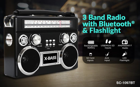 Supersonic SC-1097BT Portable 3 Band Radio with Bluetooth, Flashlight, MP3 Playback