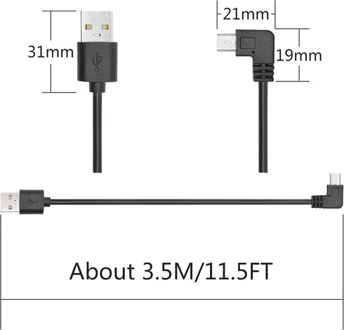 Right Angle Dash Cam Power Cord 11.5FT, 90 Degree Mini USB Charging Cable 24AWG for Garmin Nuvi GPS, Canon Camera, Dash