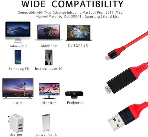 USB C to HDMI Adapter 4K 30Hz, 6.6FT Red, Compatible with MacBook 2018, iPad Pro, iMac, Galaxy S9, Surface Book Pro.
