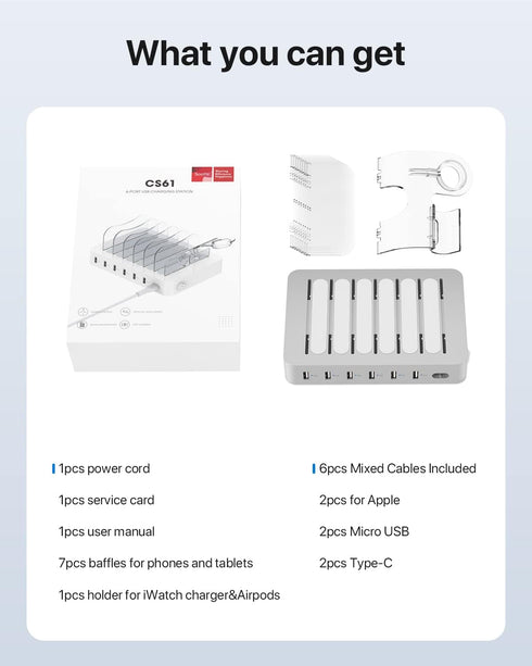 SooPii Premium 6-Port USB Charging Station Organizer for Multiple Devices, Silver
