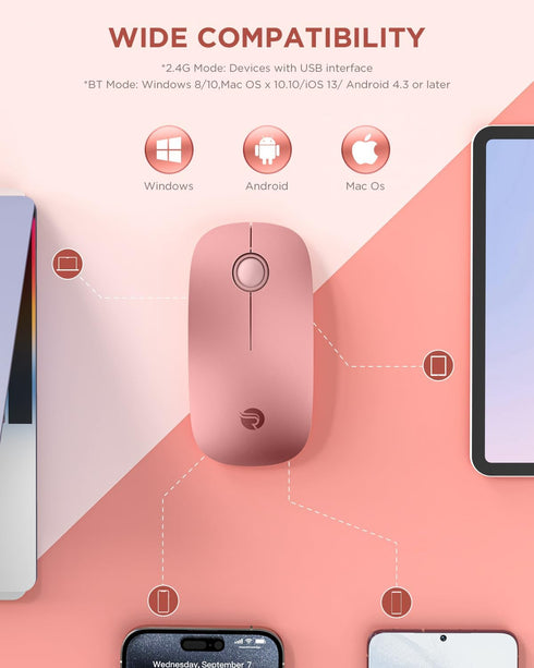 Bluetooth Wireless Mouse, Dual Connectivity, Quiet Click, Portable Cordless Mouse for Mac and Laptop