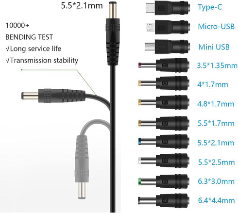 GutReise Universal 12V Car Charger (Max 10A) + 5V DC Power Cable with 11 Connectors for Various Devices