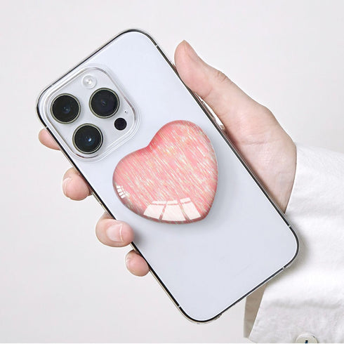 Expanding Cell Phone Grip Heart Shape Glass Finger Holder for Smartphones, Collapsible Stand - Pink Vertical Lines