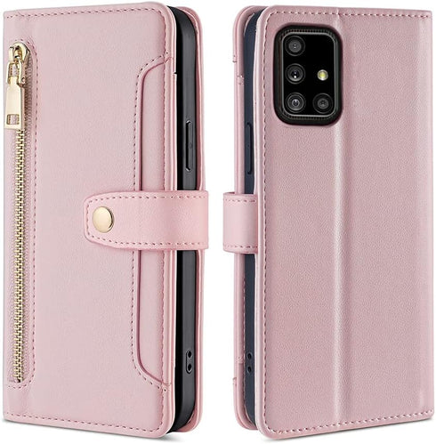 Asuwish Phone Case for Samsung Galaxy A71 5G, Zipper Leather Wallet Cover with Kickstand and Credit Card Holder - Rose