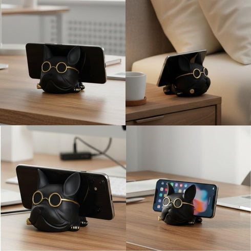 Vilead Adorable French Bulldog Phone Stand with Gold Glasses - Non-Slip Desktop Holder