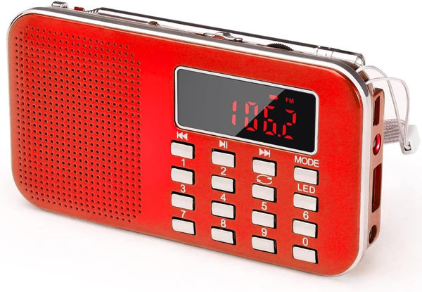 PRUNUS Mini Portable Radio - AM FM Pocket Radio with MP3, LED Flashlight, Rechargeable Battery Operated