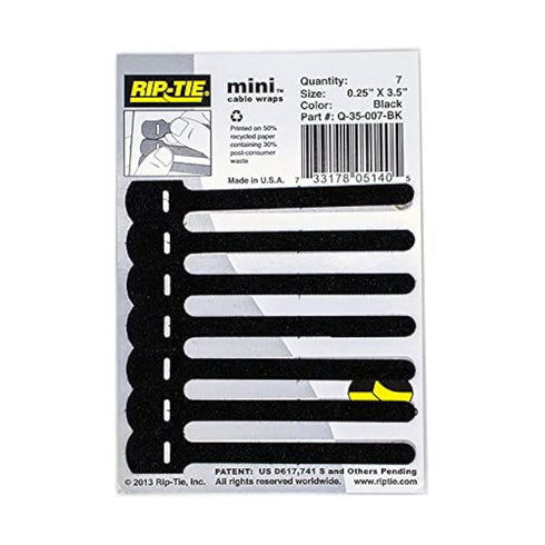 RIP-TIE Mini 1/4" x 3-1/2" Cable Tie, Perfect for USB, Earbud, Cell Phone Cords - 7 Pack Black