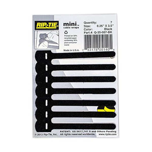 RIP-TIE Mini 1/4" x 3-1/2" Cable Tie, Perfect for USB, Earbud, Cell Phone Cords - 7 Pack Black