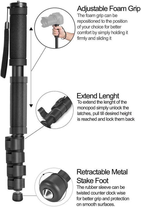 Acuvar 62' Inch Monopod with Integrated Safety Strap and 4 Section Extending Pole for All Digital Cameras, DSLR, Mirrorless, Compact Cameras, Camcorders & Cell Phones