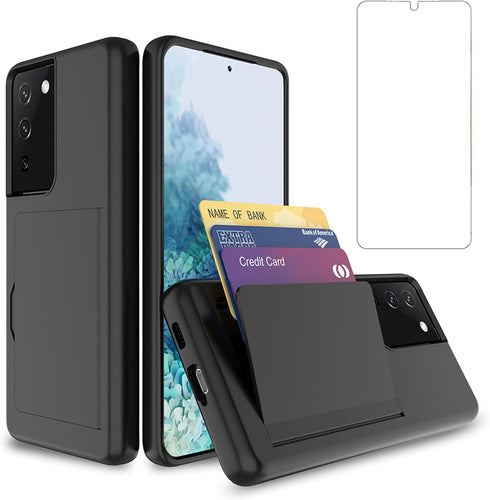 Asuwish Samsung Galaxy S21 Plus Case, Black Cover with Tempered Glass Screen Protector & Credit Card Holder