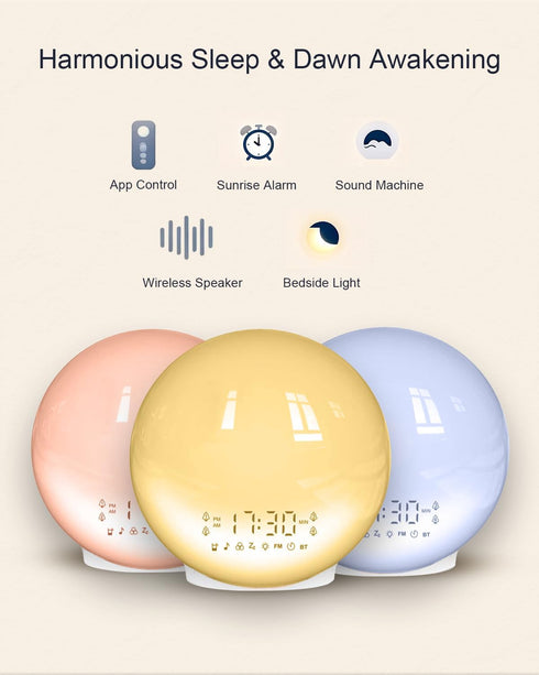 4 Smart Sunrise Alarm Clock with No Signup APP Control & Wake-Up Light, Alarms, White Noise, FM Radio, Wireless