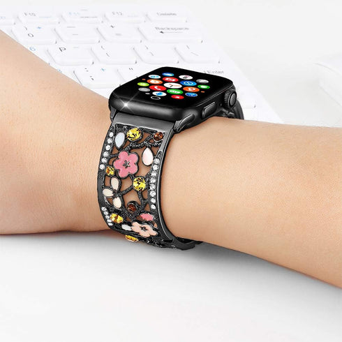 Floral Bracelet Compatible with Apple Watch Band 38mm 40mm 41mm 42mm iWatch Bands Series 10 9 8 7 6 SE, Bling Crystal