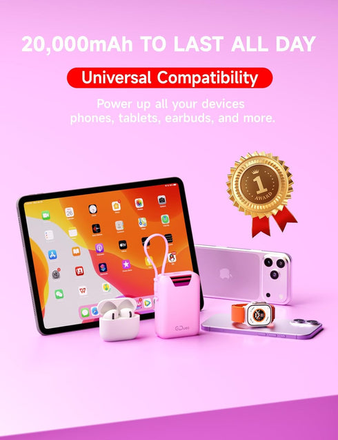 Gidues M2 20000mAh 35W Pack Portable Charger, Power Bank, PD Ultra Fast USB-C Built-in Cable, Compact Cute Mini