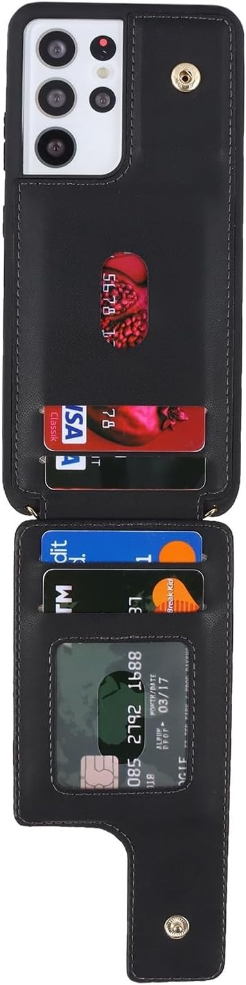 Samsung Galaxy S21 Ultra Case with Card Holder and Strap for Women, Crossbody Lanyard, Ring Stand, Snap Clasp, Phone