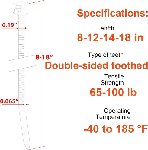 Size,8+12+14+18 Inch Toothed,100 LBS Outdoor400 Pack Zip Ties Assorted Double Sided Tensile Strength Heavy Duty Cable