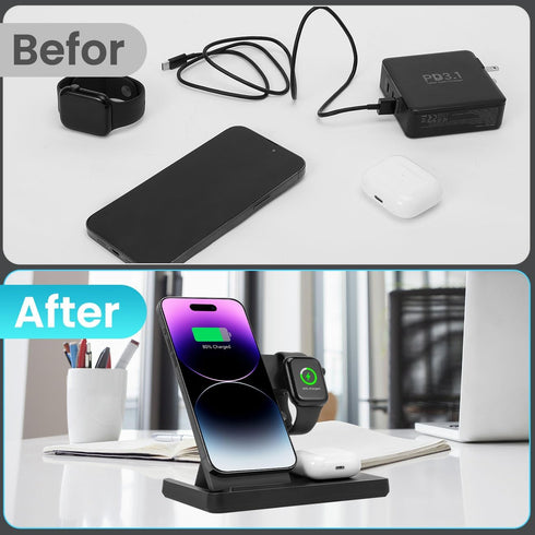 Magnetic 3 in 1 Charging Station for Multiple Devices, Mag-Safe Wireless Charger for iWatch & AirPods Pro 3 2, Foldable