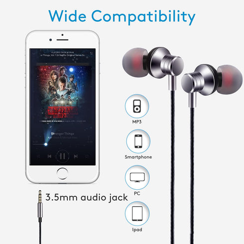 Silver Wired Earbuds Headphones with Microphone, Stereo Bass, Noise Isolation, Compatible with Smartphones, Tablets,