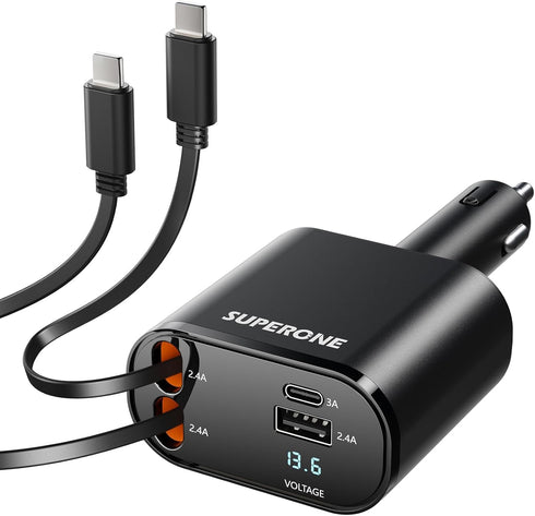 SUPERONE 4-in-1 Car Charger with Retractable Apple Cords, USB C Adapter for iPhone 15/14/13/12/11 Pro Max