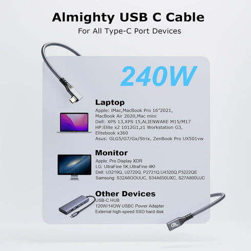 20Gbps USB C 3.2 Extension Cable, 90 Degree Type-C Male to Female Extender for 4K@60Hz 240W Charging