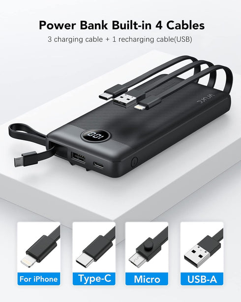 VRURC Portable Charger 10000mAh with Built-in Cables, Slim USB C Power Bank, 5 Output 2 Input, Compatible with iPhone,