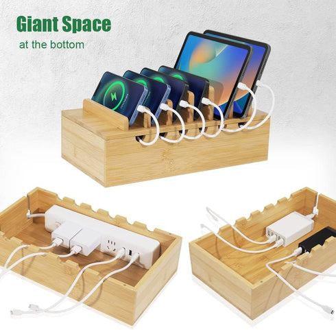 Bamboo Charging Station for Multiple Devices, Upgrade Desk Docking Station Organizer for Apple Devices (Includes 6