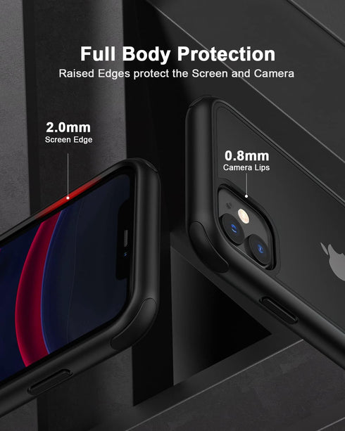 iPhone 11 Crystal Clear Case - Black, Shockproof Bumpers, Anti-Scratch Hard PC Back & Soft TPU Frame, No Yellowing.