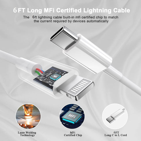 MFi Certified iPhone Fast Charger 3 Pack: PD 20W Type C Block & 6FT USB C to Lightning Cable for iPhone 14, 13, 12, 11