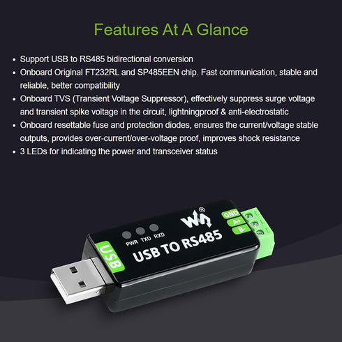 Waveshare USB to RS485 Converter with Protection Circuits, Compatible with TVs