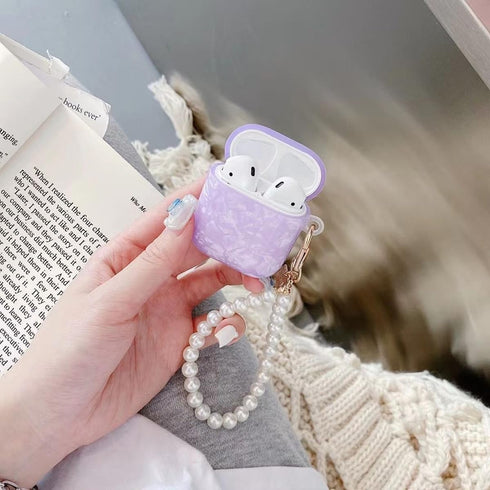 Olytop Cute Glitter Airpods 2nd/1st Generation Case with Cleaner Pen, Shell Pattern Cover with Pearl Keychain