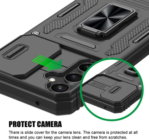 for Samsung Galaxy S23 FE Case, Shockproof Phone Case & Sliding Camera Cover & Ring Holder Kickstand with Screen