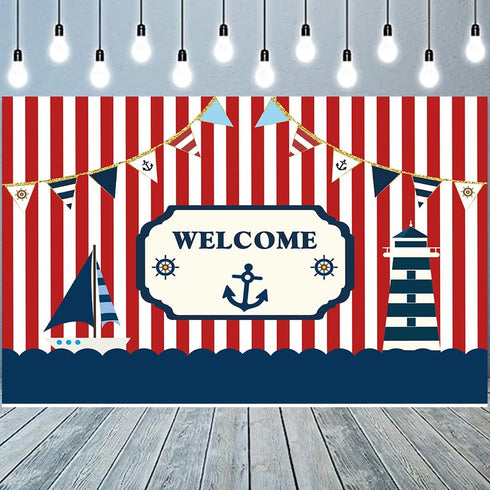 Fanghui 8*6ft Nautical Theme Party Photography Backdrop Red White Striped Marine Voyage Boat Background Decoration Kids