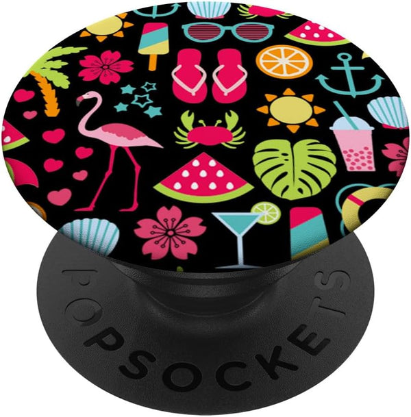 PopSockets Standard PopGrip - Beach Vacation Sun Glasses Flamingo Fruits Black Background