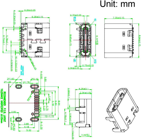 uxcell Type-C 3.1 16Pin Female Jack USB Connector, Fast Charging Socket, 5Pcs