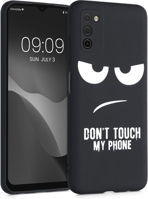 kwmobile TPU Silicone Case Compatible with Samsung Galaxy A03s, Soft Cover - Don't Touch My Phone (White/Black)