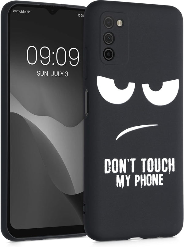 kwmobile TPU Silicone Case Compatible with Samsung Galaxy A03s, Soft Cover - Don't Touch My Phone (White/Black)
