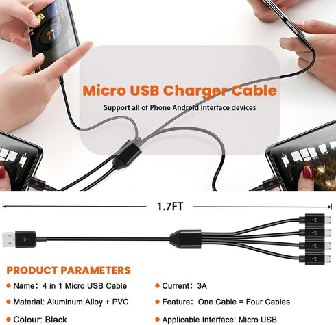 Micro USB Charger Cable, 4 in 1 Charging Splitter Hub, Mini USB Data Cable with 1.64 FT Cord for Huawei, Xiaomi, ZTE